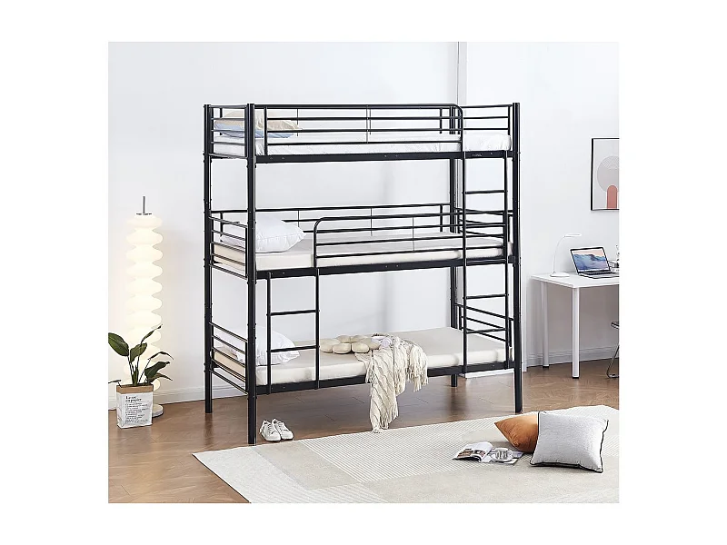 Lit superposé en métal triple "HAVIN" - 90 x 190 cm - Noir