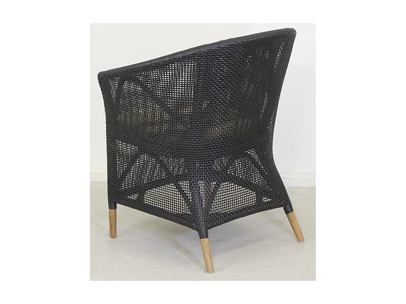 Fauteuil en résine noire et teck + coussin extérieur