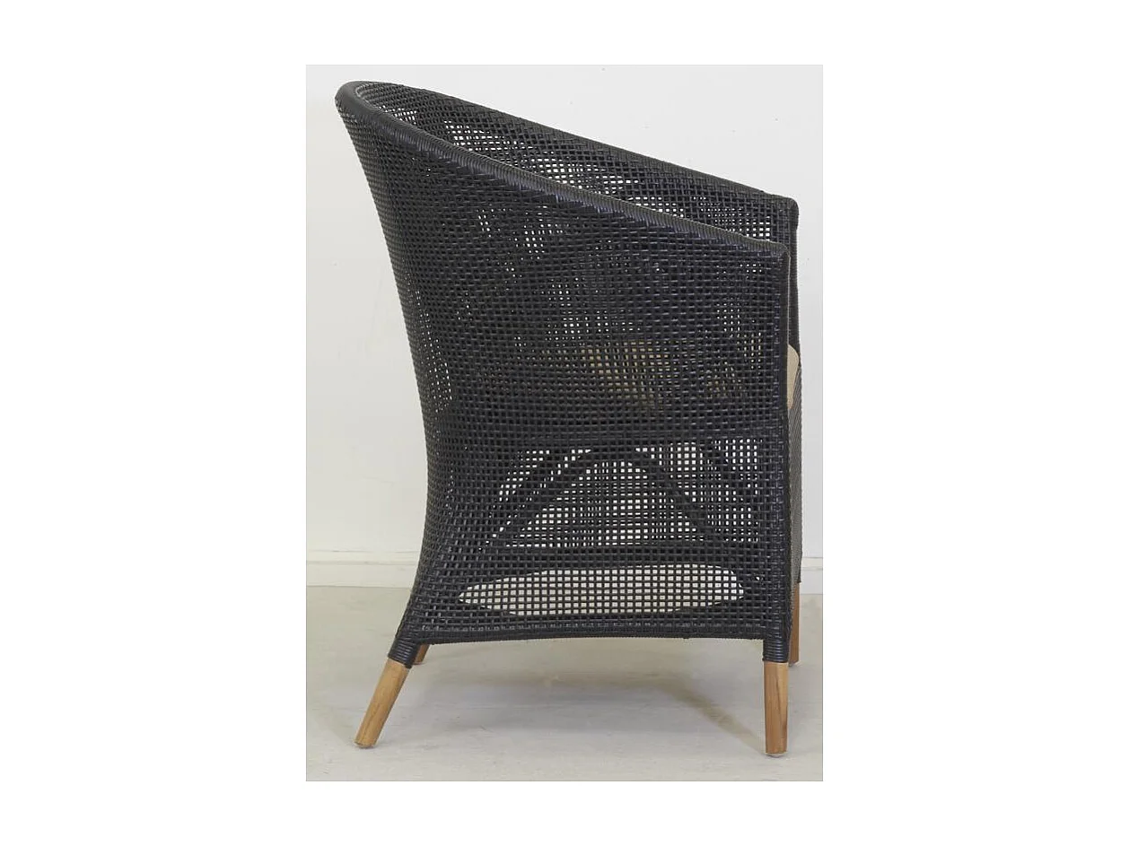 Fauteuil en résine noire et teck + coussin extérieur