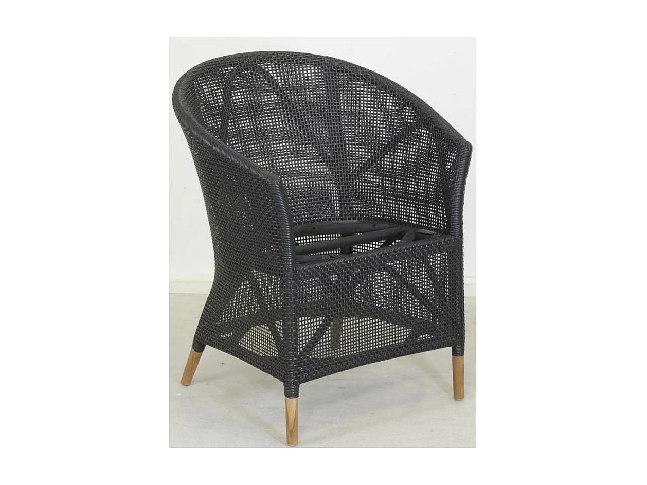 Fauteuil en résine noire et teck + coussin extérieur