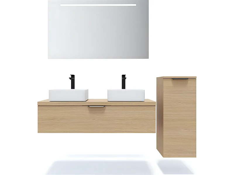 Meuble de salle de bain suspendu 2 vasques à poser 120cm 1 tiroir Chêne clair + miroir + colonne ouverture droite - Venice