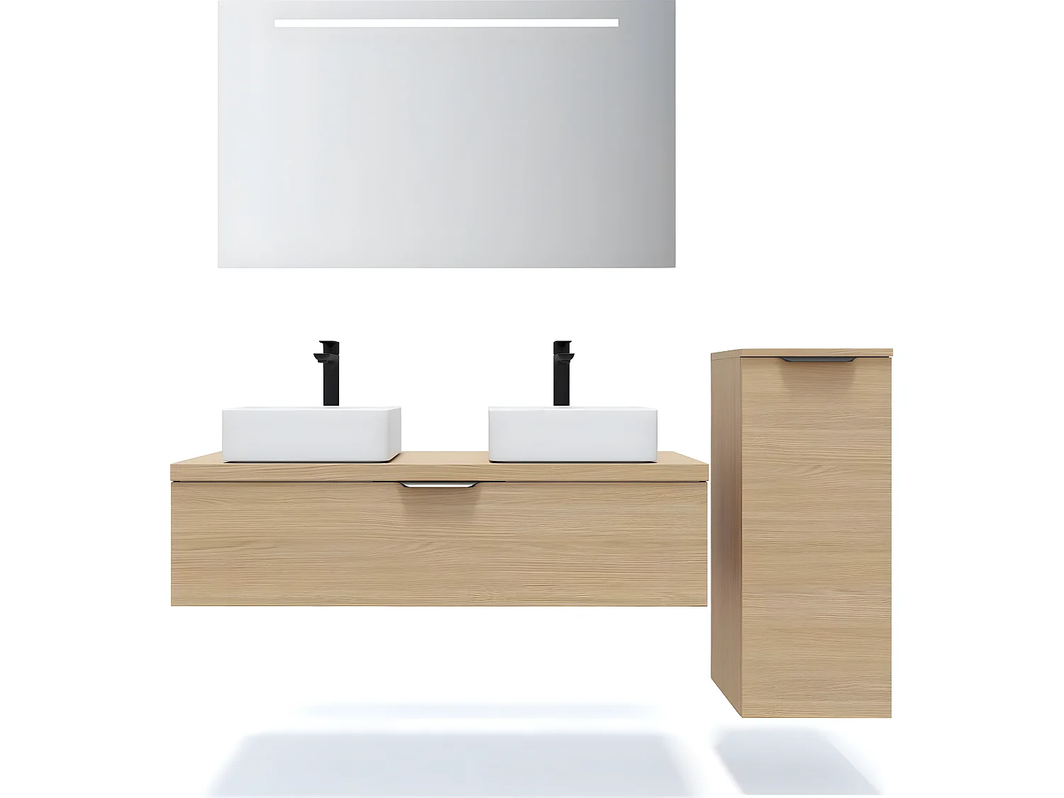 Meuble de salle de bain suspendu 2 vasques à poser 120cm 1 tiroir Chêne clair + miroir + colonne ouverture droite - Venice