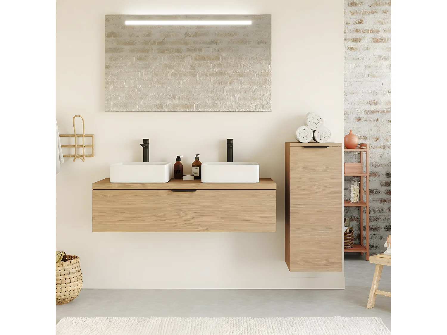 Meuble de salle de bain suspendu 2 vasques à poser 120cm 1 tiroir Chêne clair + miroir + colonne ouverture droite - Venice