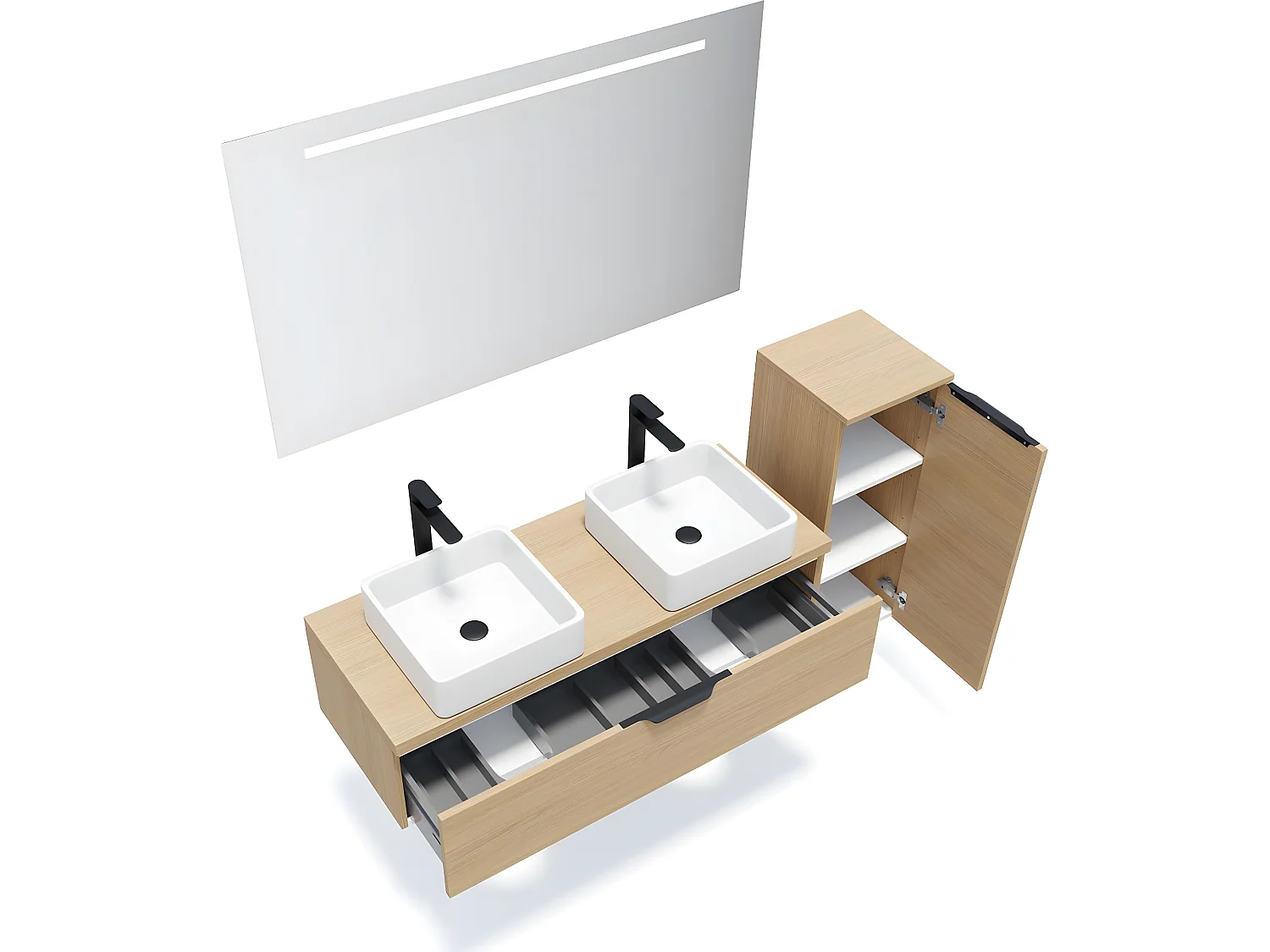 Meuble de salle de bain suspendu 2 vasques à poser 120cm 1 tiroir Chêne clair + miroir + colonne ouverture droite - Venice