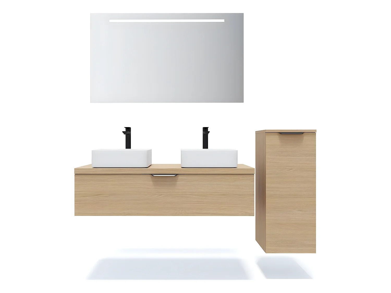 Meuble de salle de bain suspendu 2 vasques à poser 120cm 1 tiroir Chêne clair + miroir + colonne ouverture droite - Venice