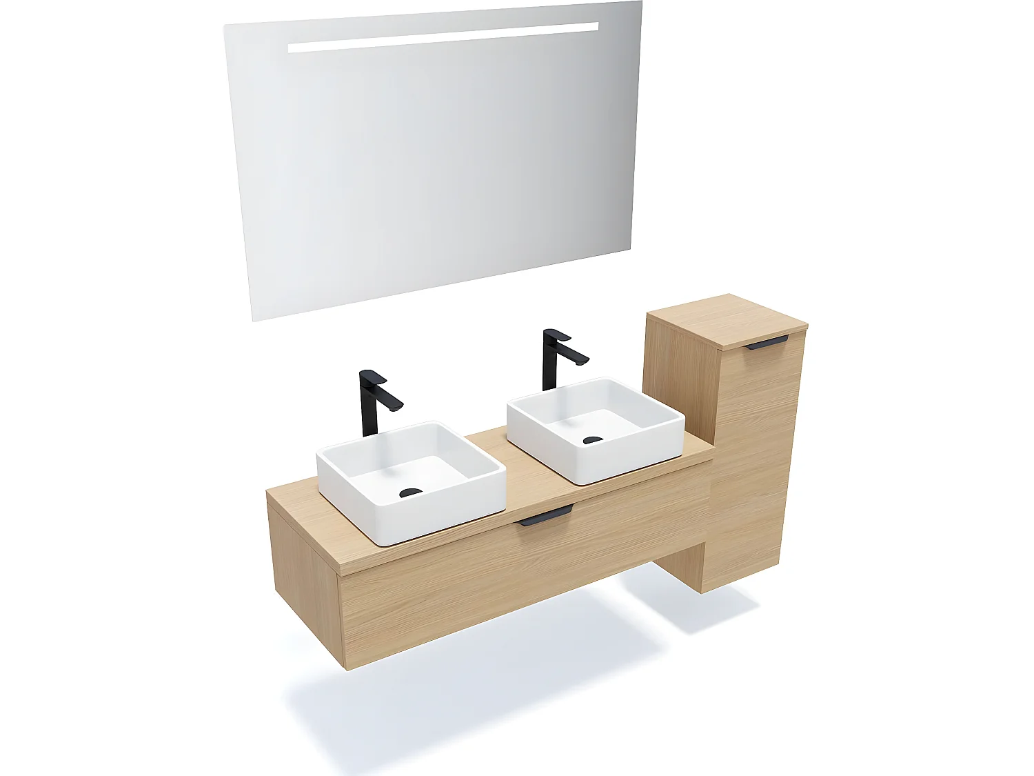 Meuble de salle de bain suspendu 2 vasques à poser 120cm 1 tiroir Chêne clair + miroir + colonne ouverture droite - Venice