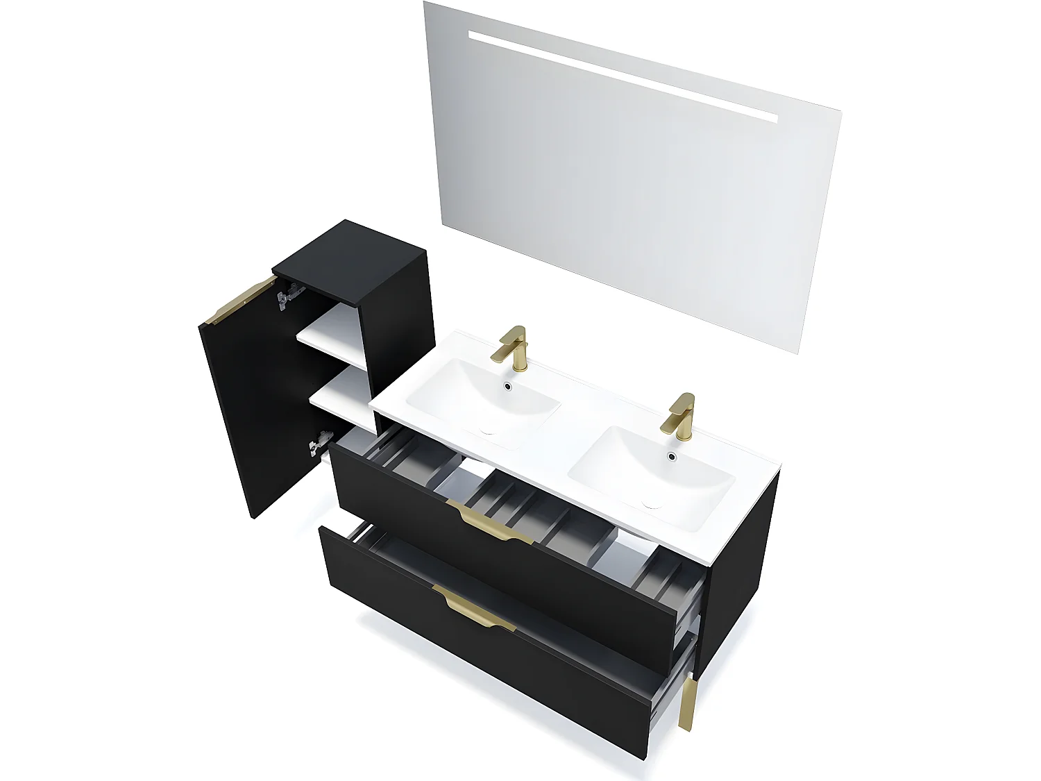 Meuble de salle de bain suspendu double vasque intégrée 120cm 2 tiroirs Noir + miroir + colonne ouverture gauche - Venice
