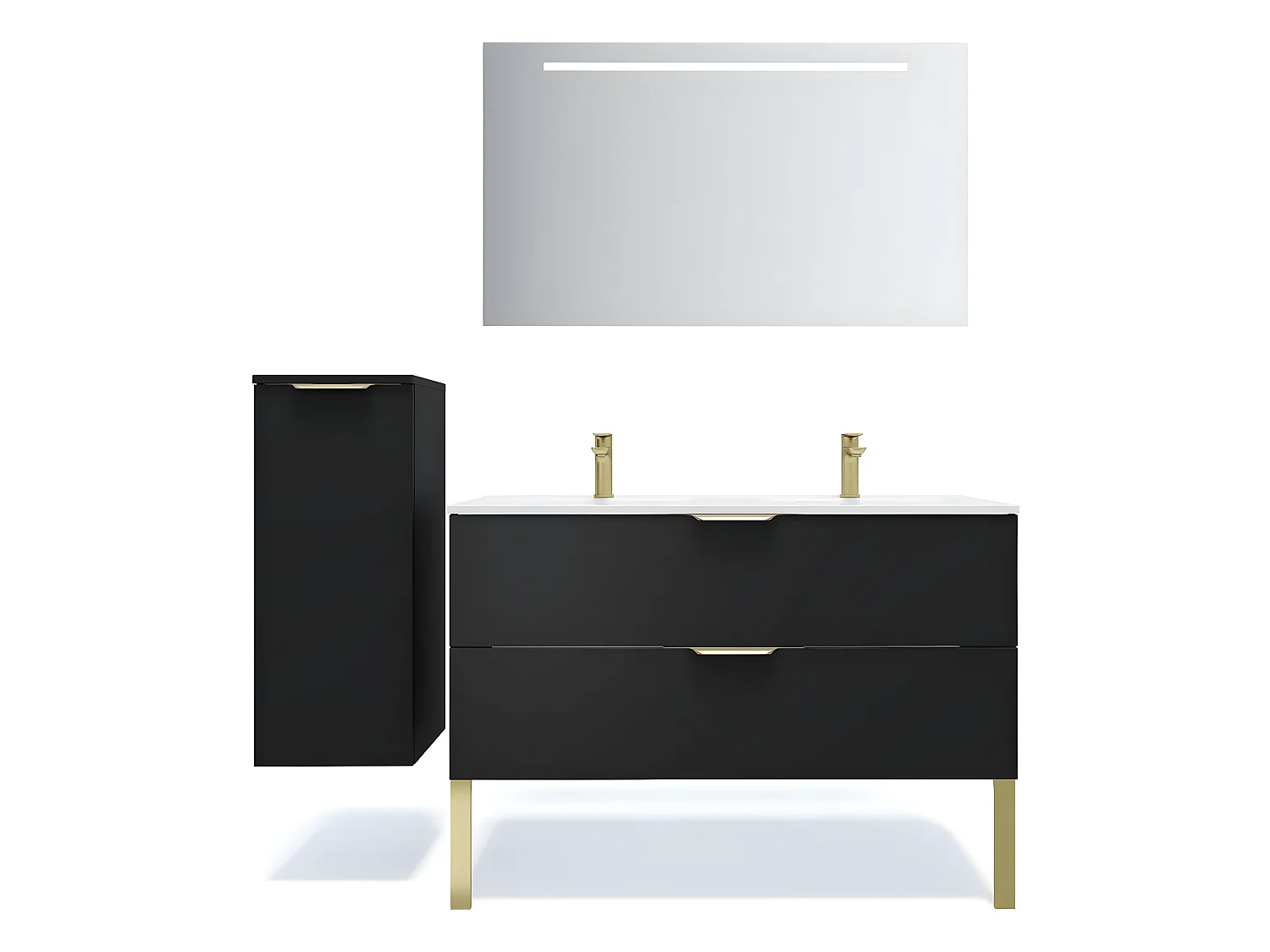 Meuble de salle de bain suspendu double vasque intégrée 120cm 2 tiroirs Noir + miroir + colonne ouverture gauche - Venice