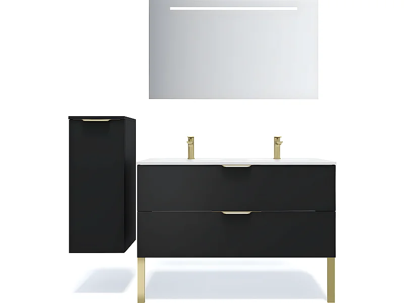 Meuble de salle de bain suspendu double vasque intégrée 120cm 2 tiroirs Noir + miroir + colonne ouverture gauche - Venice