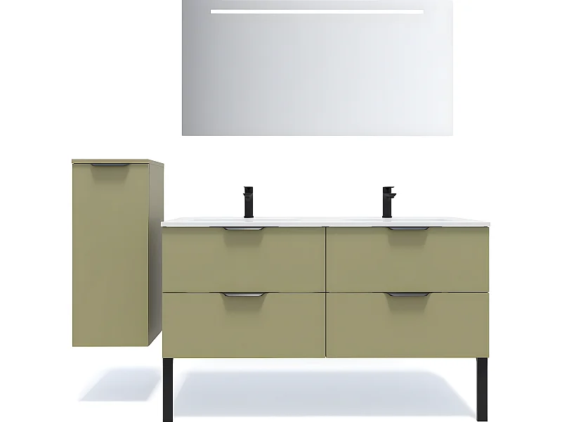 Meuble de salle de bain suspendu double vasque intégrée 140cm 4 tiroirs Vert olive + miroir + colonne ouverture gauche - Soho