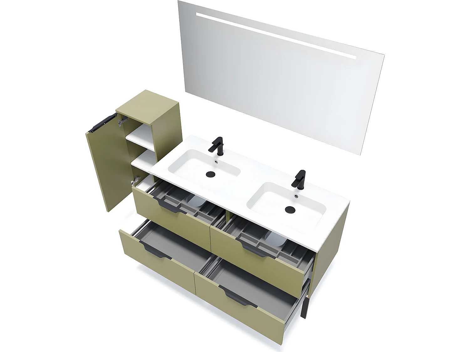 Meuble de salle de bain suspendu double vasque intégrée 140cm 4 tiroirs Vert olive + miroir + colonne ouverture gauche - Soho