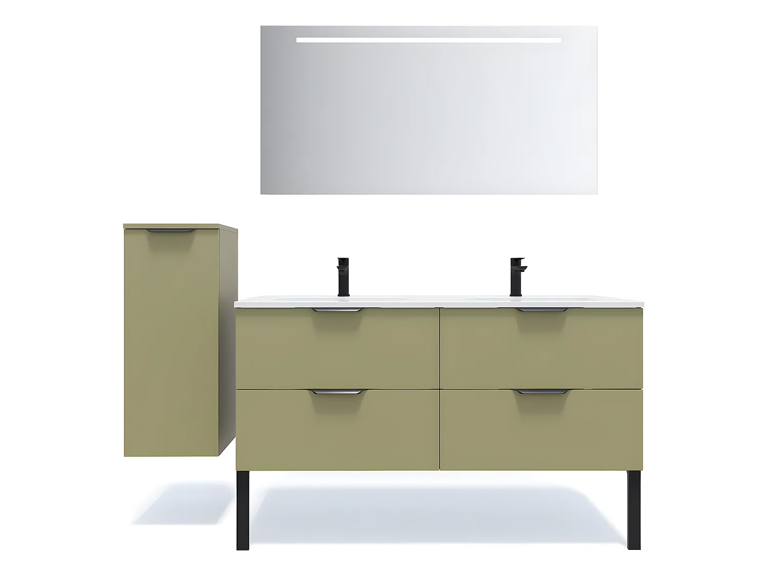 Meuble de salle de bain suspendu double vasque intégrée 140cm 4 tiroirs Vert olive + miroir + colonne ouverture gauche - Soho
