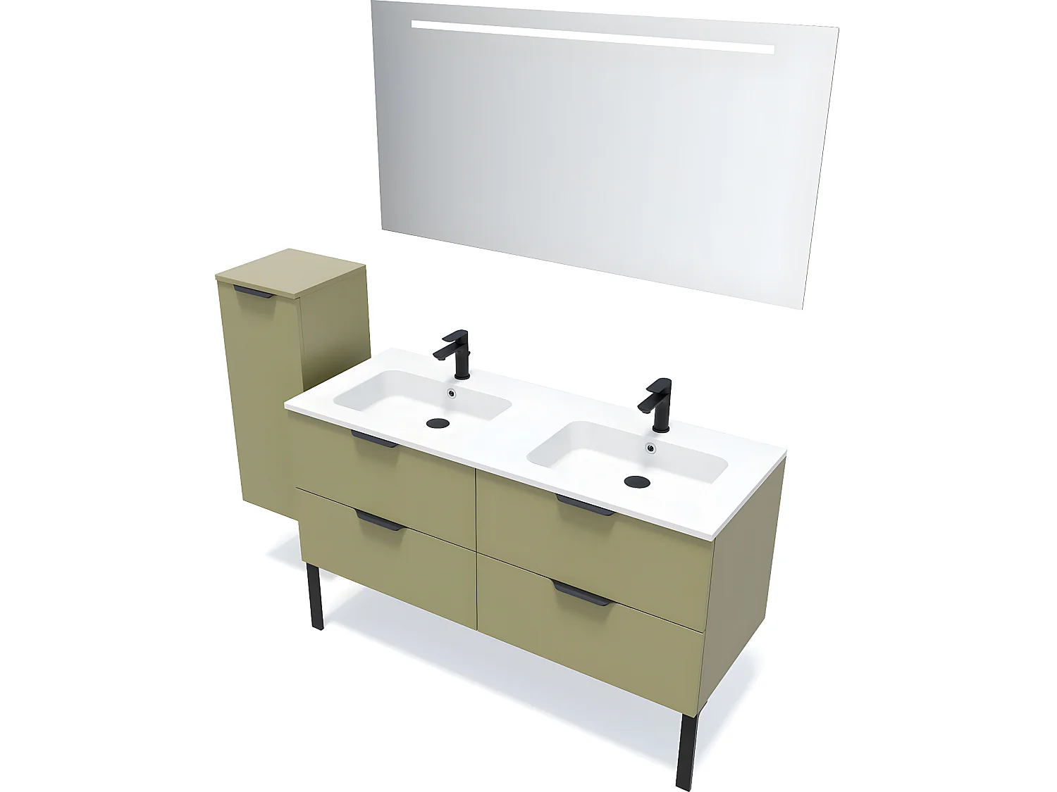 Meuble de salle de bain suspendu double vasque intégrée 140cm 4 tiroirs Vert olive + miroir + colonne ouverture gauche - Soho