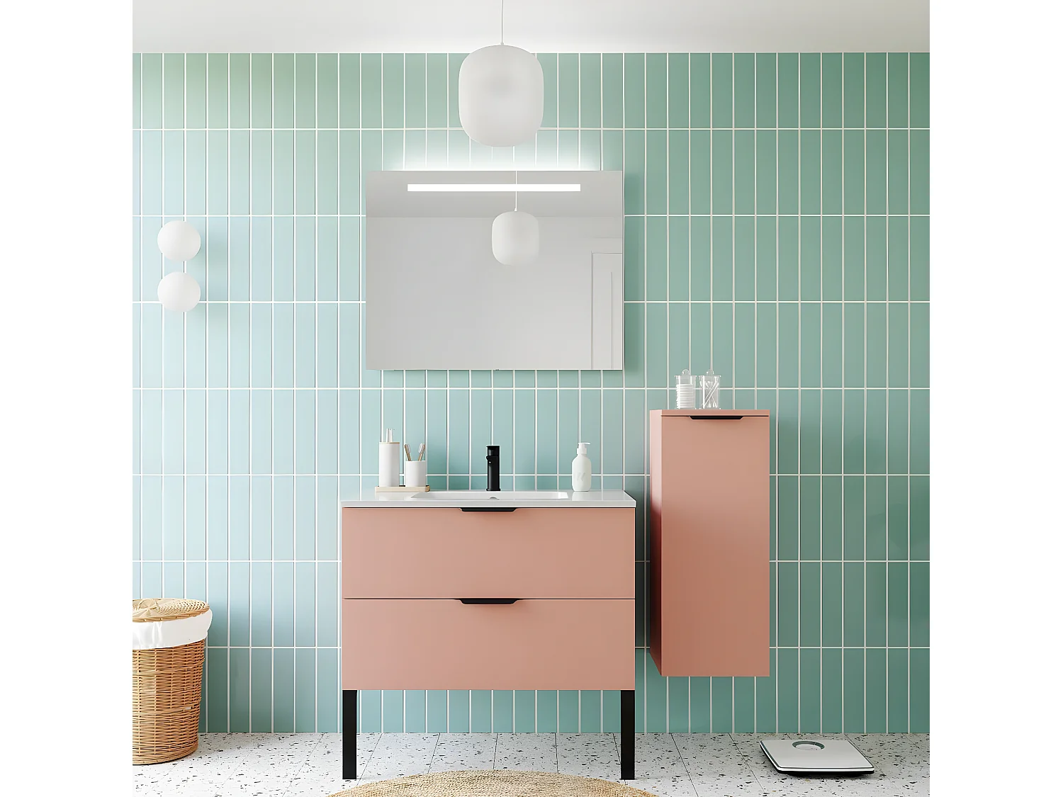 Meuble de salle de bain suspendu vasque intégrée 90cm 2 tiroirs Abricot + miroir + colonne ouverture droite - Soho