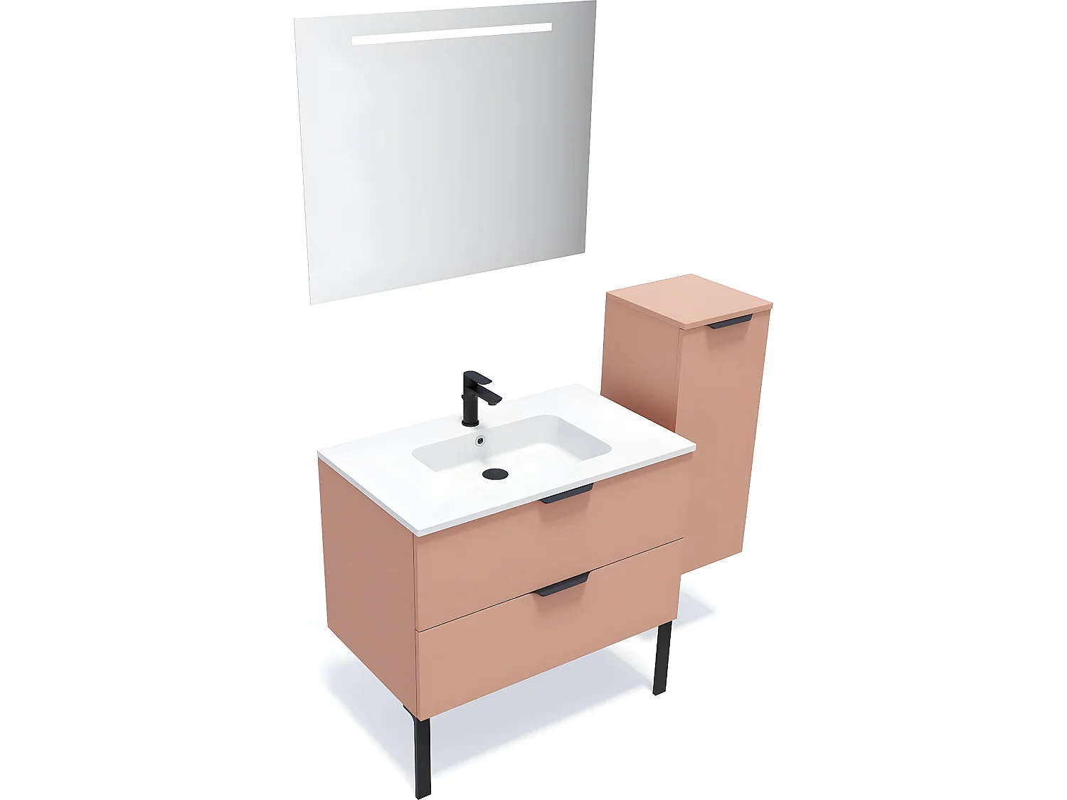 Meuble de salle de bain suspendu vasque intégrée 90cm 2 tiroirs Abricot + miroir + colonne ouverture droite - Soho