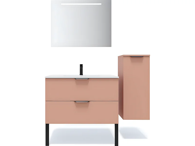 Meuble de salle de bain suspendu vasque intégrée 90cm 2 tiroirs Abricot + miroir + colonne ouverture droite - Soho