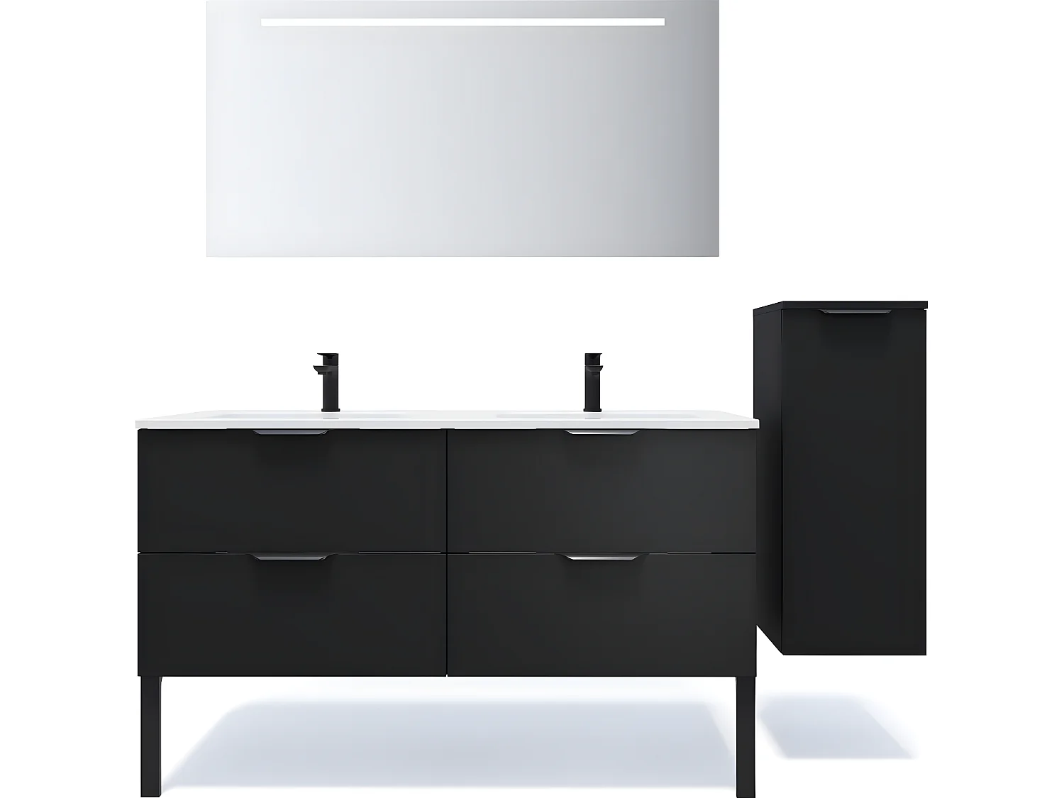 Meuble de salle de bain suspendu double vasque intégrée 140cm 4 tiroirs Noir + miroir + colonne ouverture droite - Soho