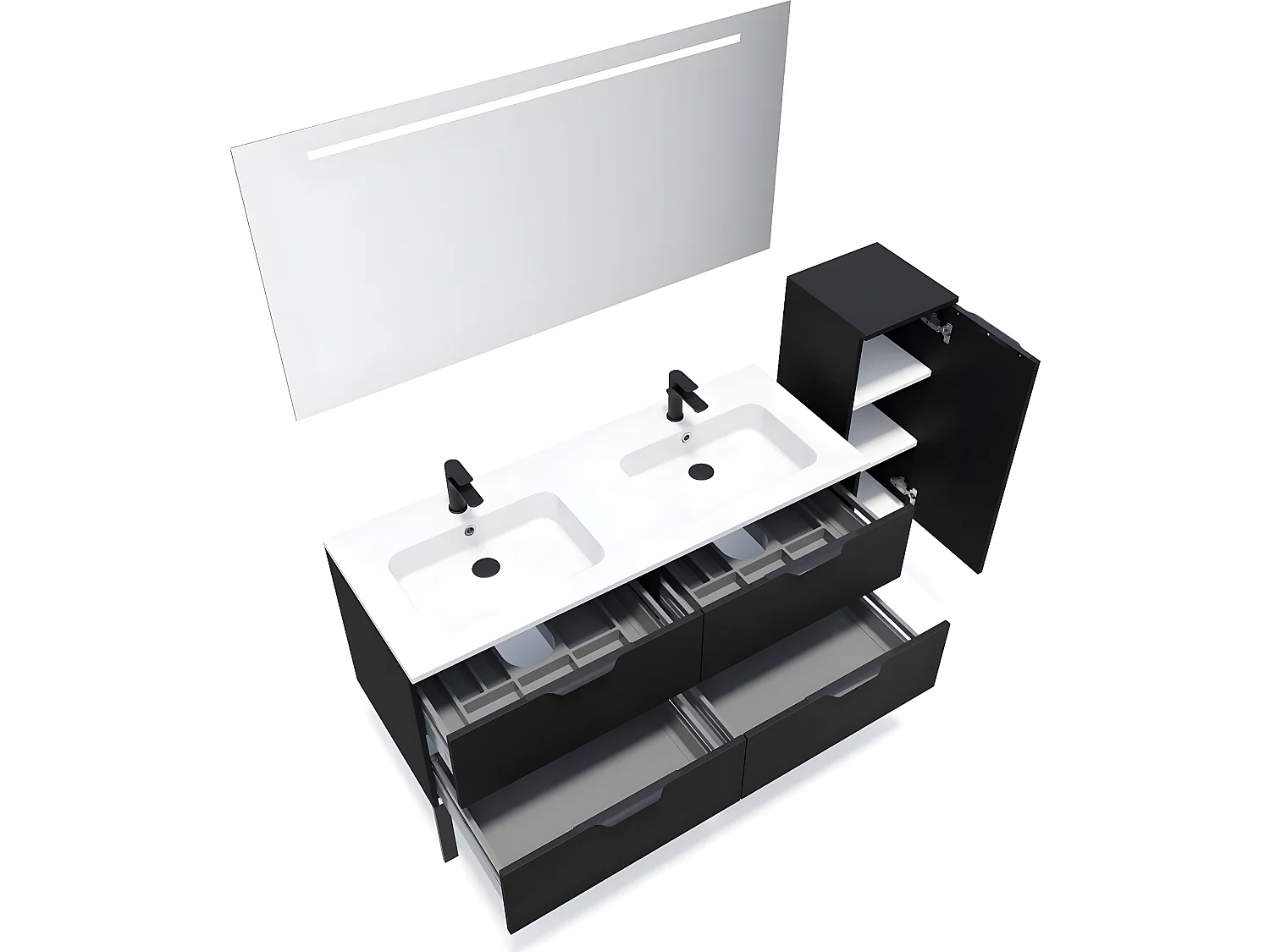 Meuble de salle de bain suspendu double vasque intégrée 140cm 4 tiroirs Noir + miroir + colonne ouverture droite - Soho