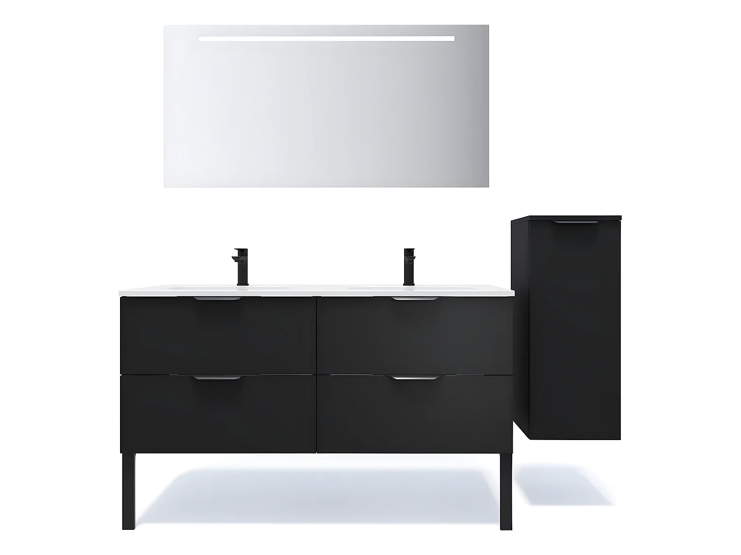 Meuble de salle de bain suspendu double vasque intégrée 140cm 4 tiroirs Noir + miroir + colonne ouverture droite - Soho