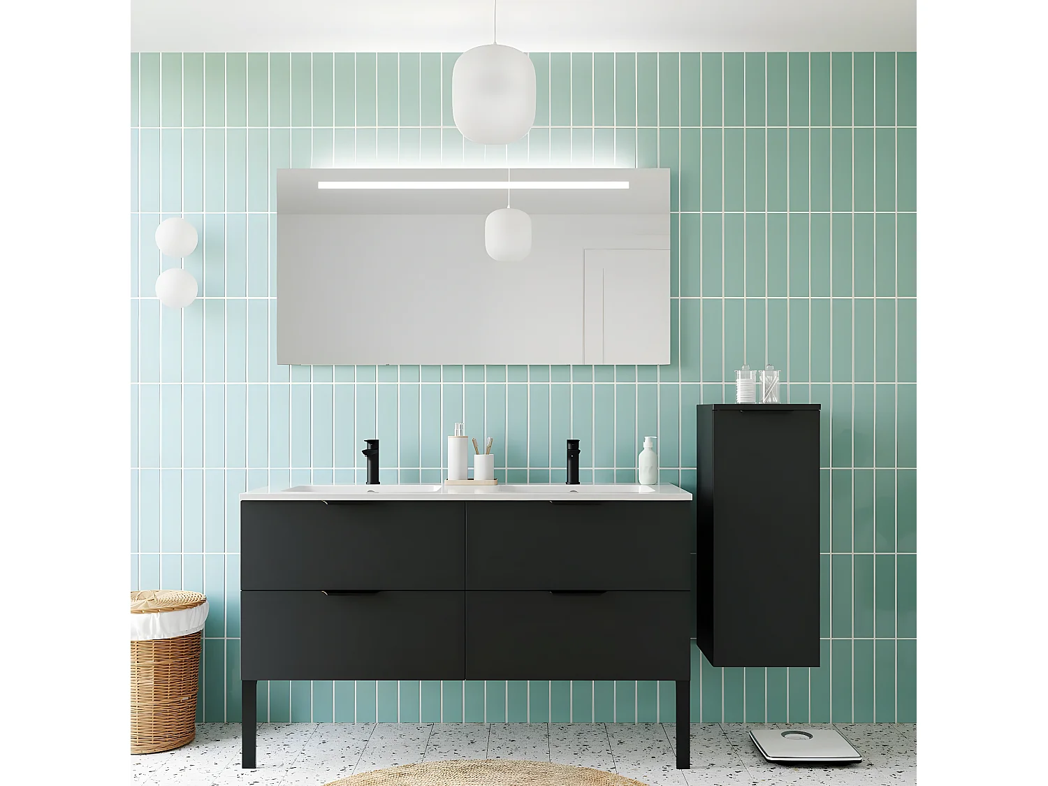 Meuble de salle de bain suspendu double vasque intégrée 140cm 4 tiroirs Noir + miroir + colonne ouverture droite - Soho