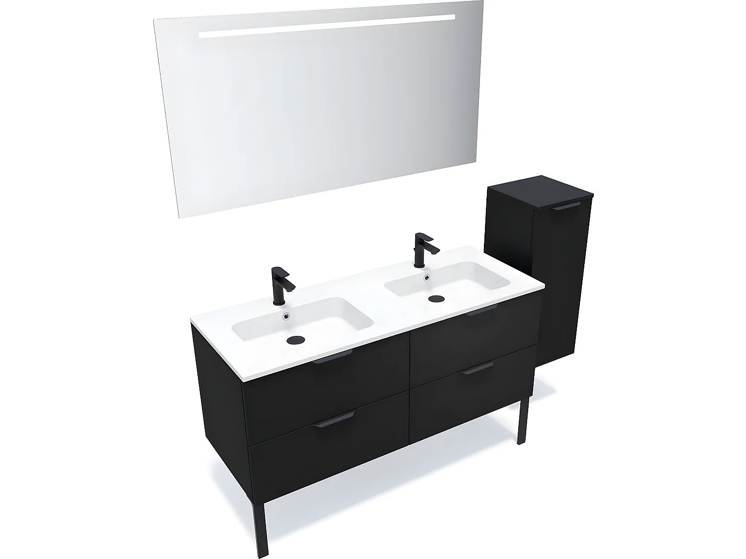 Meuble de salle de bain suspendu double vasque intégrée 140cm 4 tiroirs Noir + miroir + colonne ouverture droite - Soho