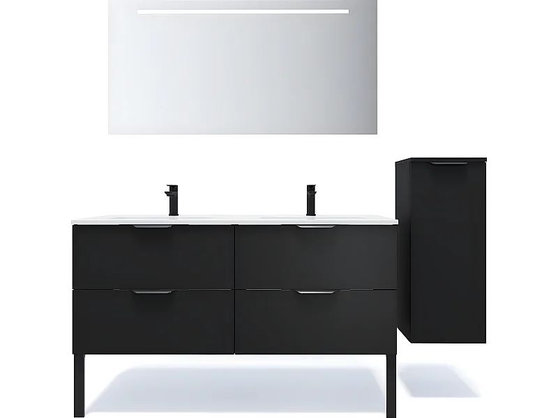 Meuble de salle de bain suspendu double vasque intégrée 140cm 4 tiroirs Noir + miroir + colonne ouverture droite - Soho