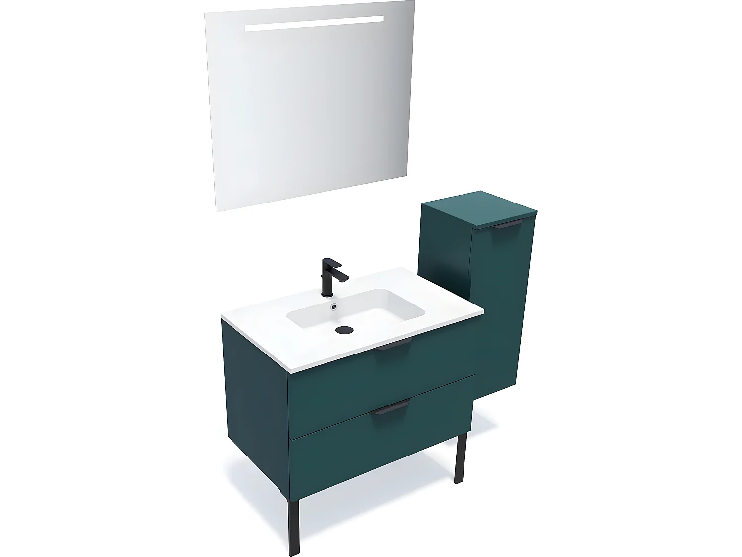 Meuble de salle de bain suspendu vasque intégrée 90cm 2 tiroirs Bleu + miroir + colonne ouverture droite - Soho