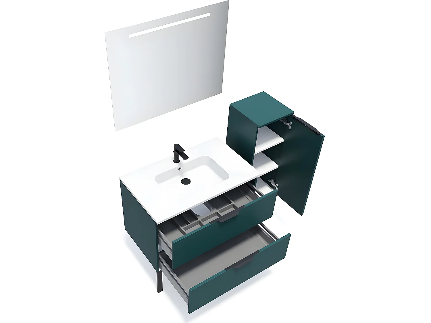 Meuble de salle de bain suspendu vasque intégrée 90cm 2 tiroirs Bleu + miroir + colonne ouverture droite - Soho