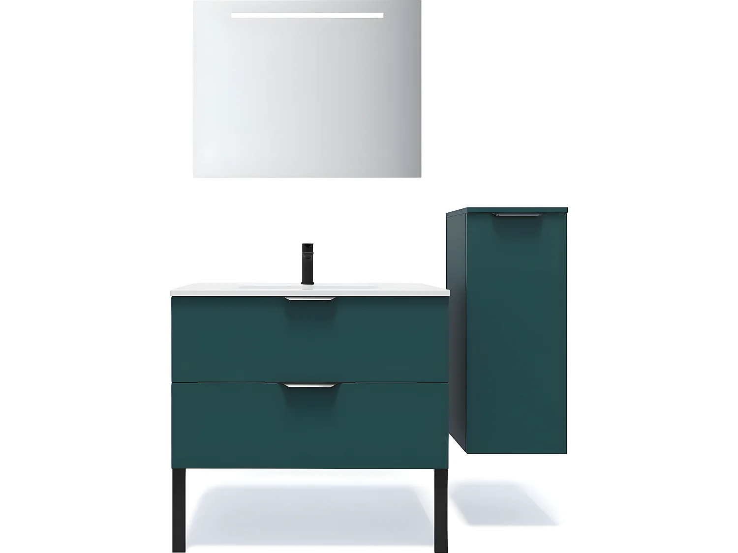 Meuble de salle de bain suspendu vasque intégrée 90cm 2 tiroirs Bleu + miroir + colonne ouverture droite - Soho