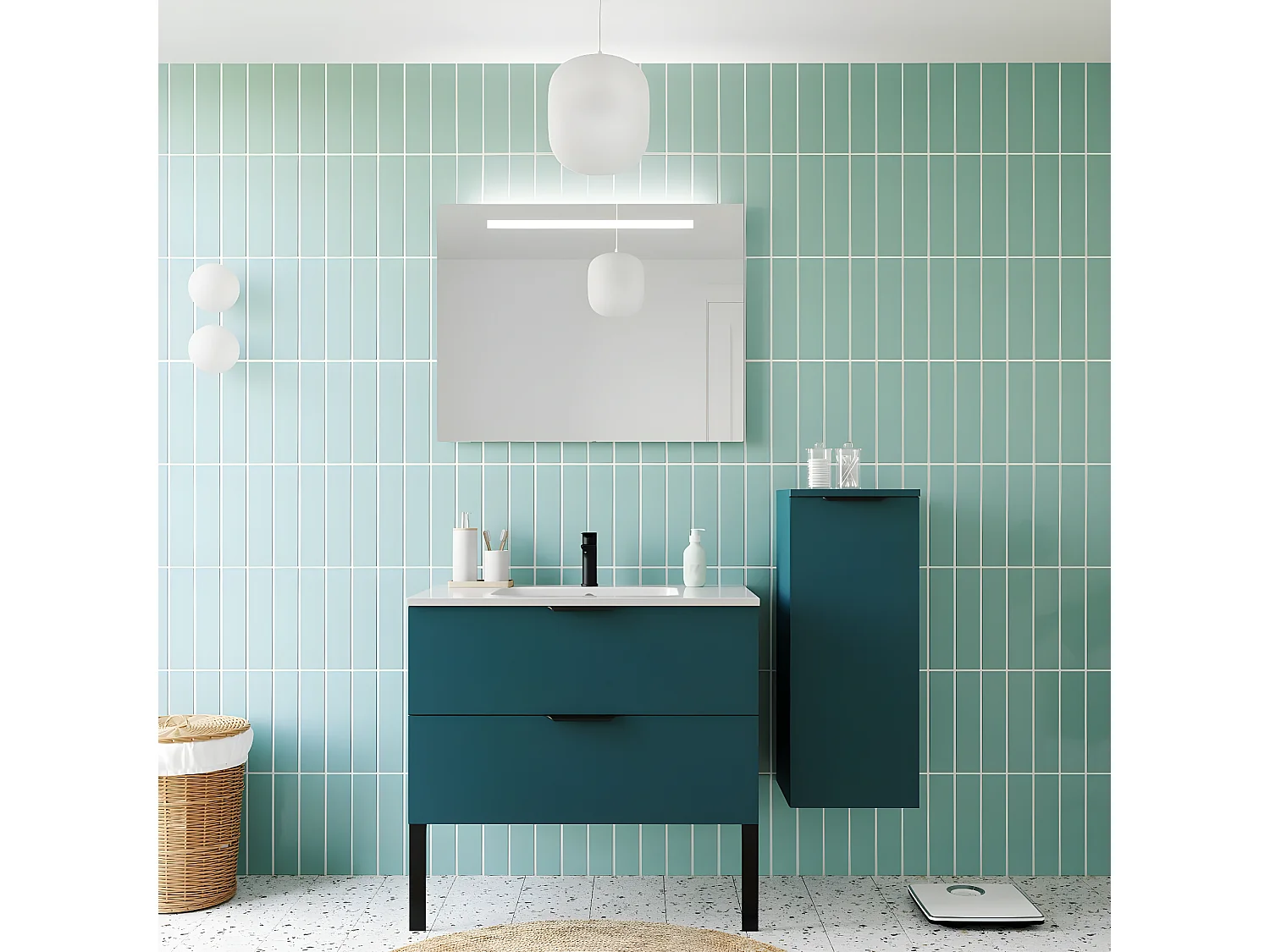 Meuble de salle de bain suspendu vasque intégrée 90cm 2 tiroirs Bleu + miroir + colonne ouverture droite - Soho