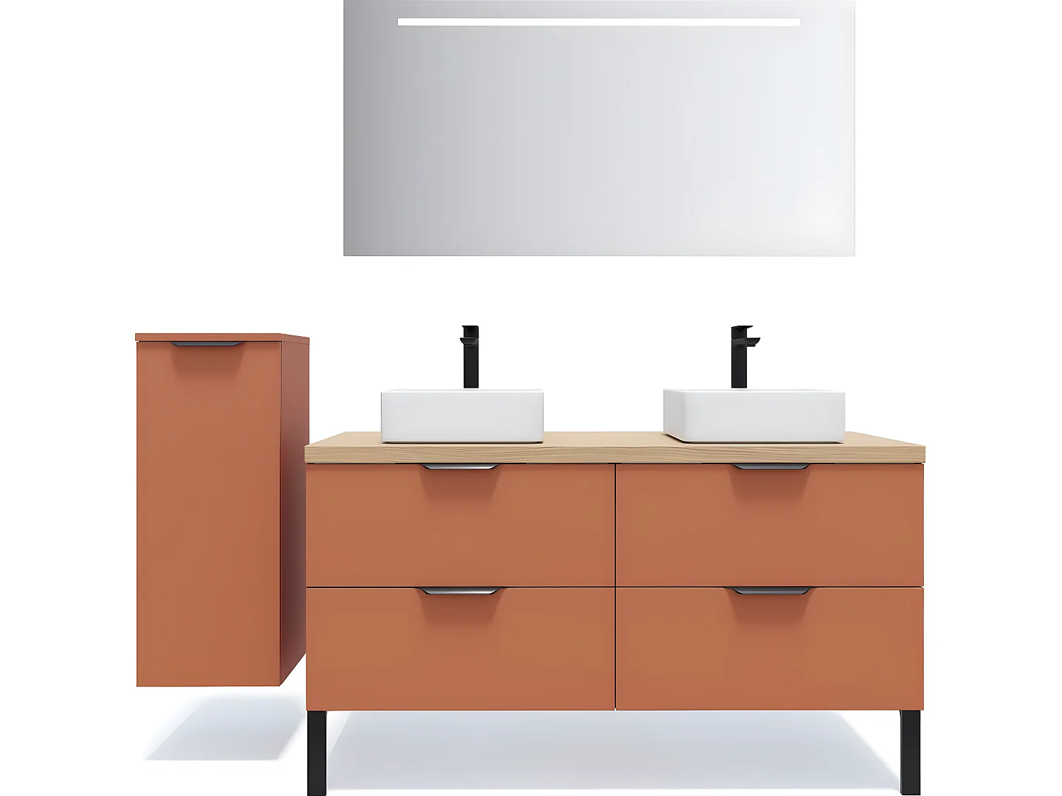 Meuble de salle de bain suspendu 2 vasques à poser 140cm 4 tiroirs Terracotta + miroir + colonne ouverture gauche - Soho
