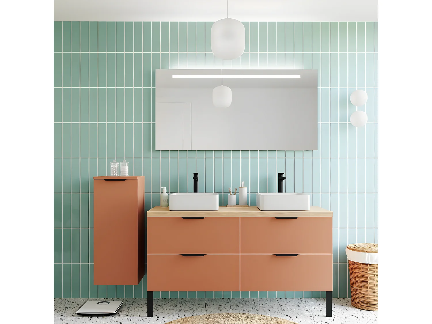 Meuble de salle de bain suspendu 2 vasques à poser 140cm 4 tiroirs Terracotta + miroir + colonne ouverture gauche - Soho