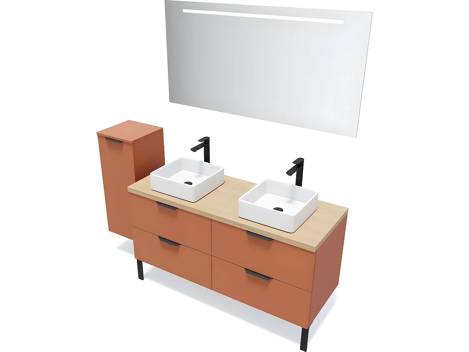 Meuble de salle de bain suspendu 2 vasques à poser 140cm 4 tiroirs Terracotta + miroir + colonne ouverture gauche - Soho