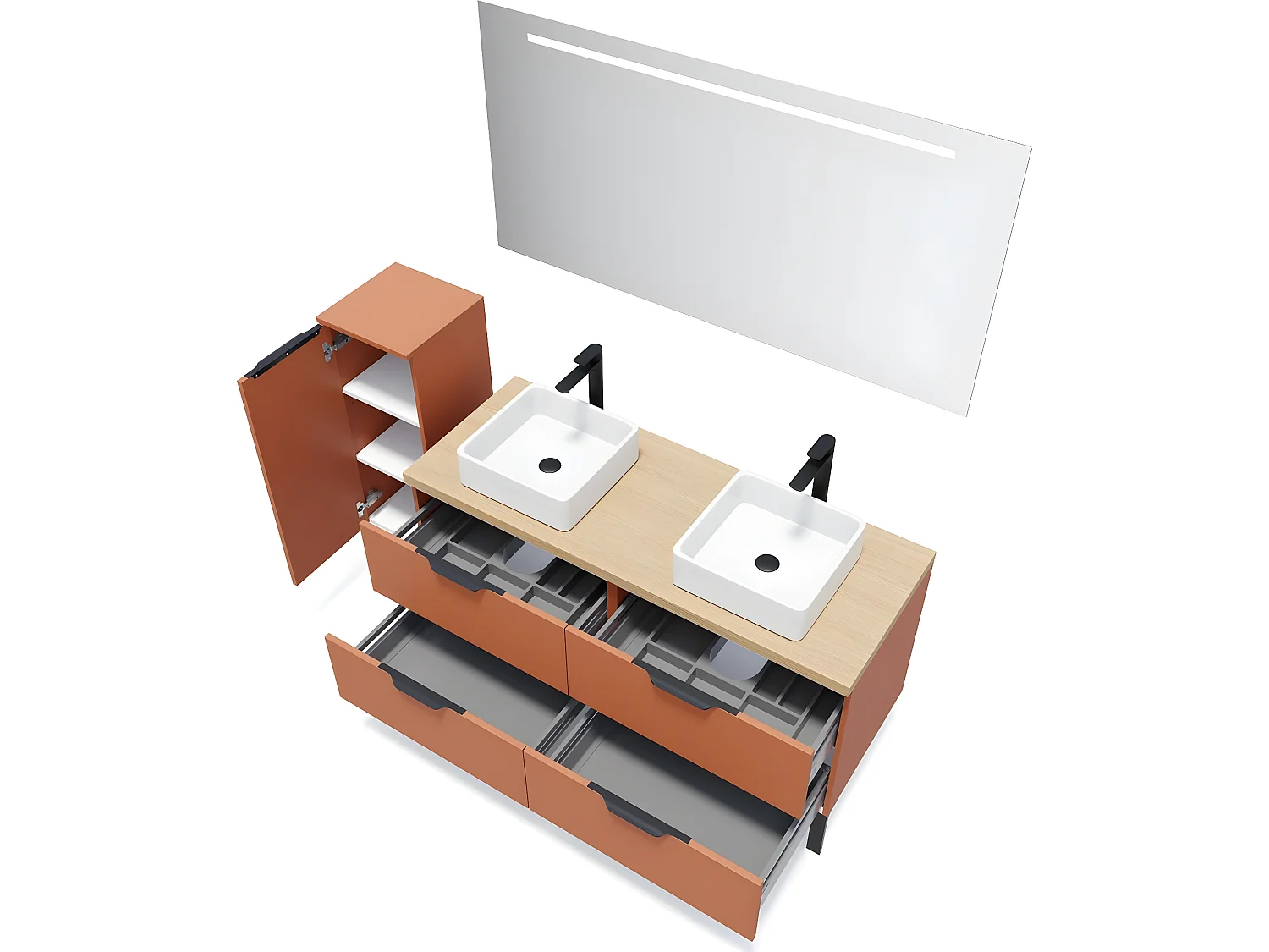 Meuble de salle de bain suspendu 2 vasques à poser 140cm 4 tiroirs Terracotta + miroir + colonne ouverture gauche - Soho
