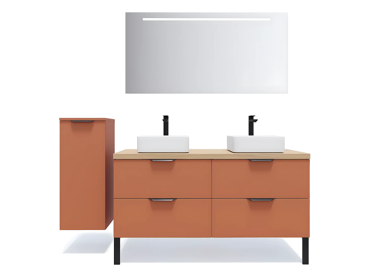 Meuble de salle de bain suspendu 2 vasques à poser 140cm 4 tiroirs Terracotta + miroir + colonne ouverture gauche - Soho