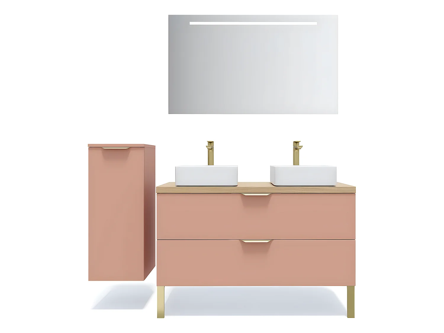 Meuble de salle de bain suspendu 2 vasques à poser 120cm 2 tiroirs Abricot + miroir + colonne ouverture gauche - Venice