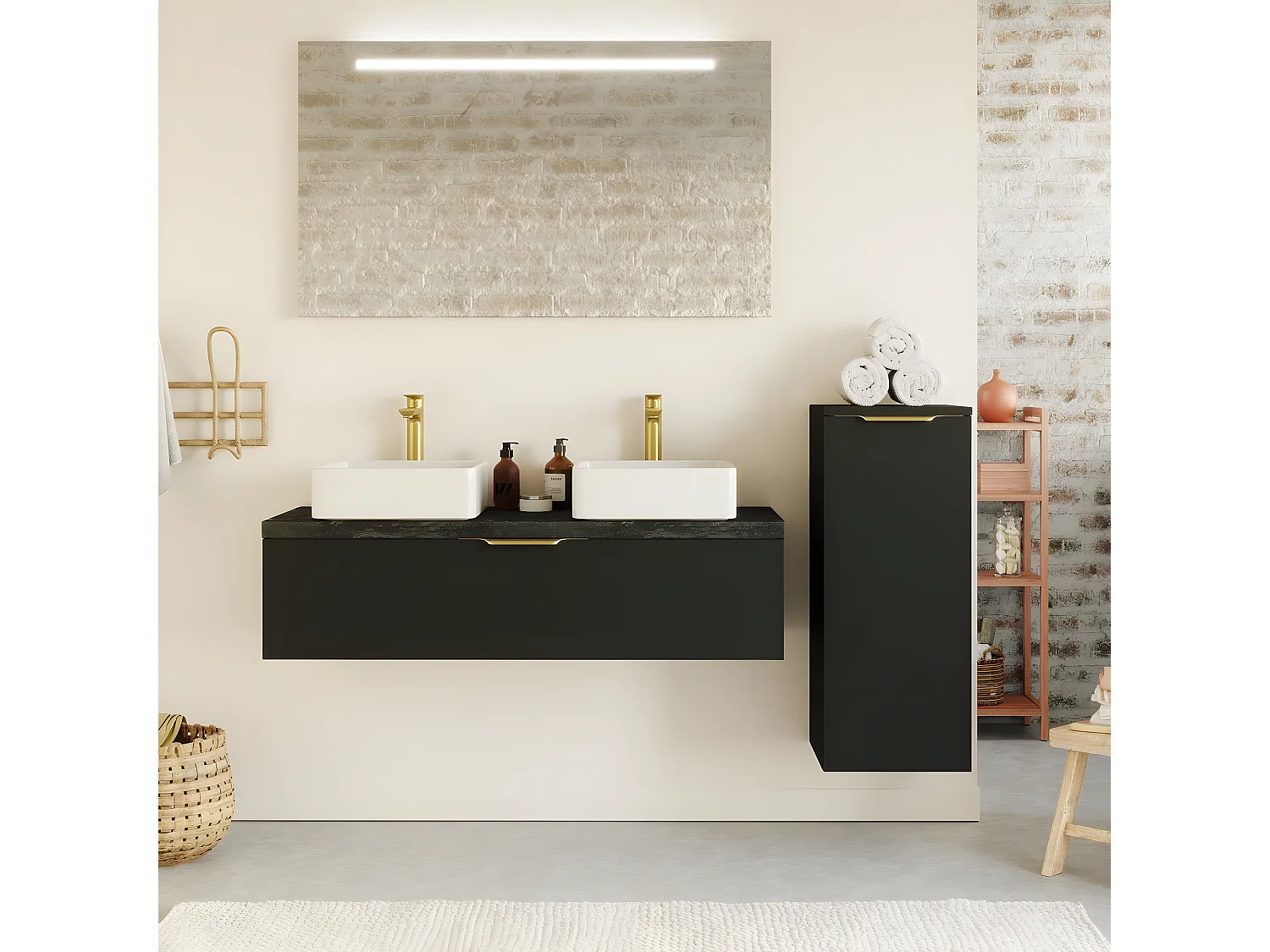 Meuble de salle de bain suspendu 2 vasques à poser 120cm 1 tiroir Noir + miroir + colonne ouverture droite - Venice