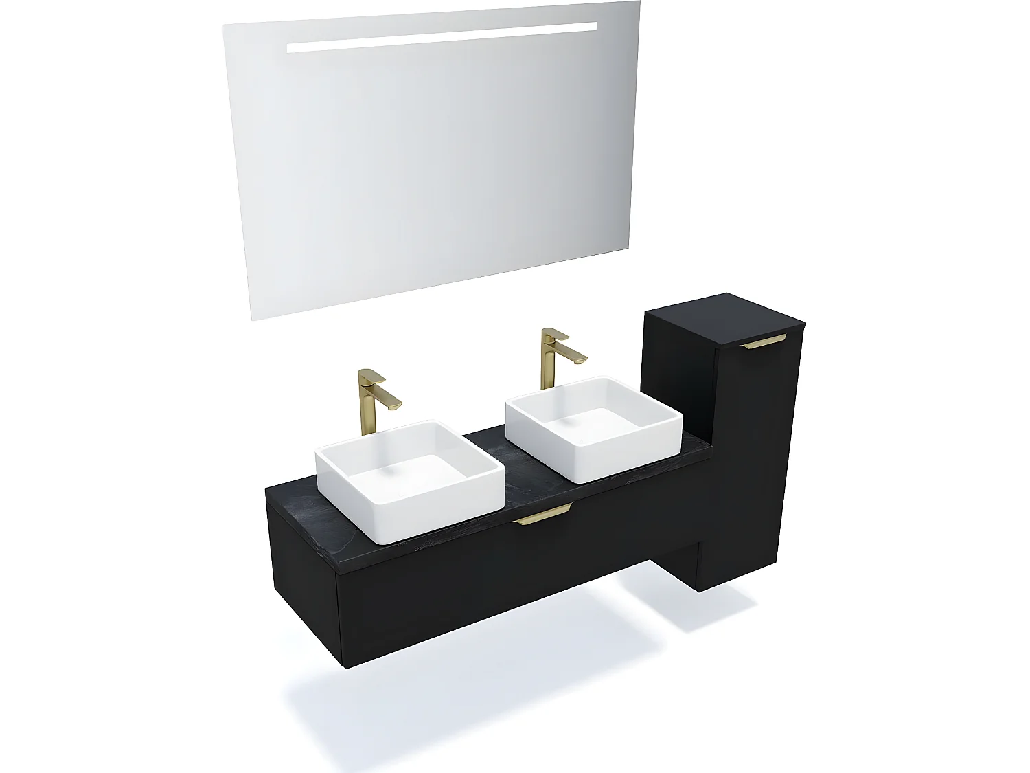 Meuble de salle de bain suspendu 2 vasques à poser 120cm 1 tiroir Noir + miroir + colonne ouverture droite - Venice