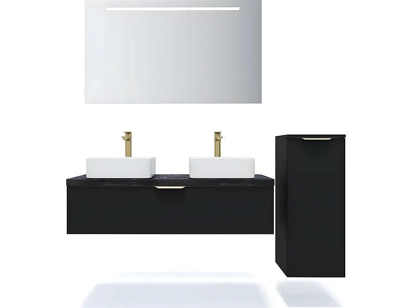 Meuble de salle de bain suspendu 2 vasques à poser 120cm 1 tiroir Noir + miroir + colonne ouverture droite - Venice