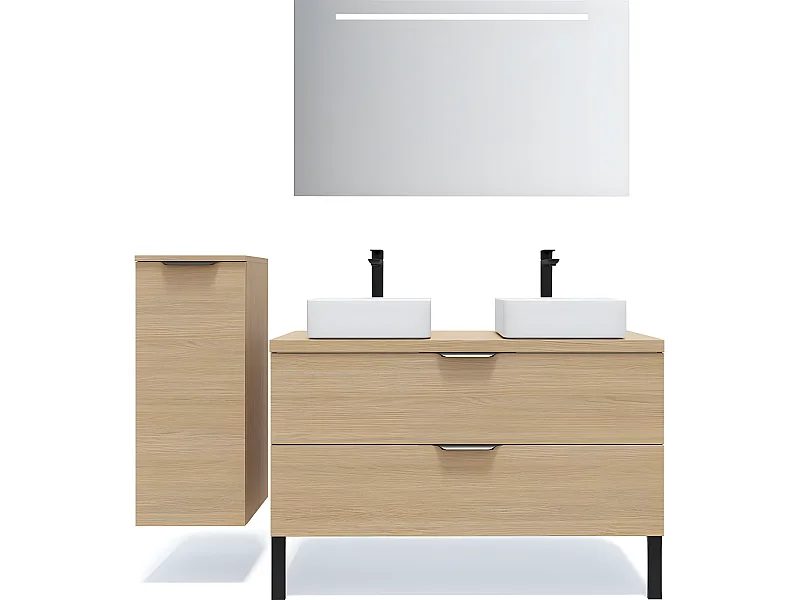 Meuble de salle de bain suspendu 2 vasques à poser 120cm 2 tiroirs Chêne clair + miroir + colonne ouverture gauche - Venice
