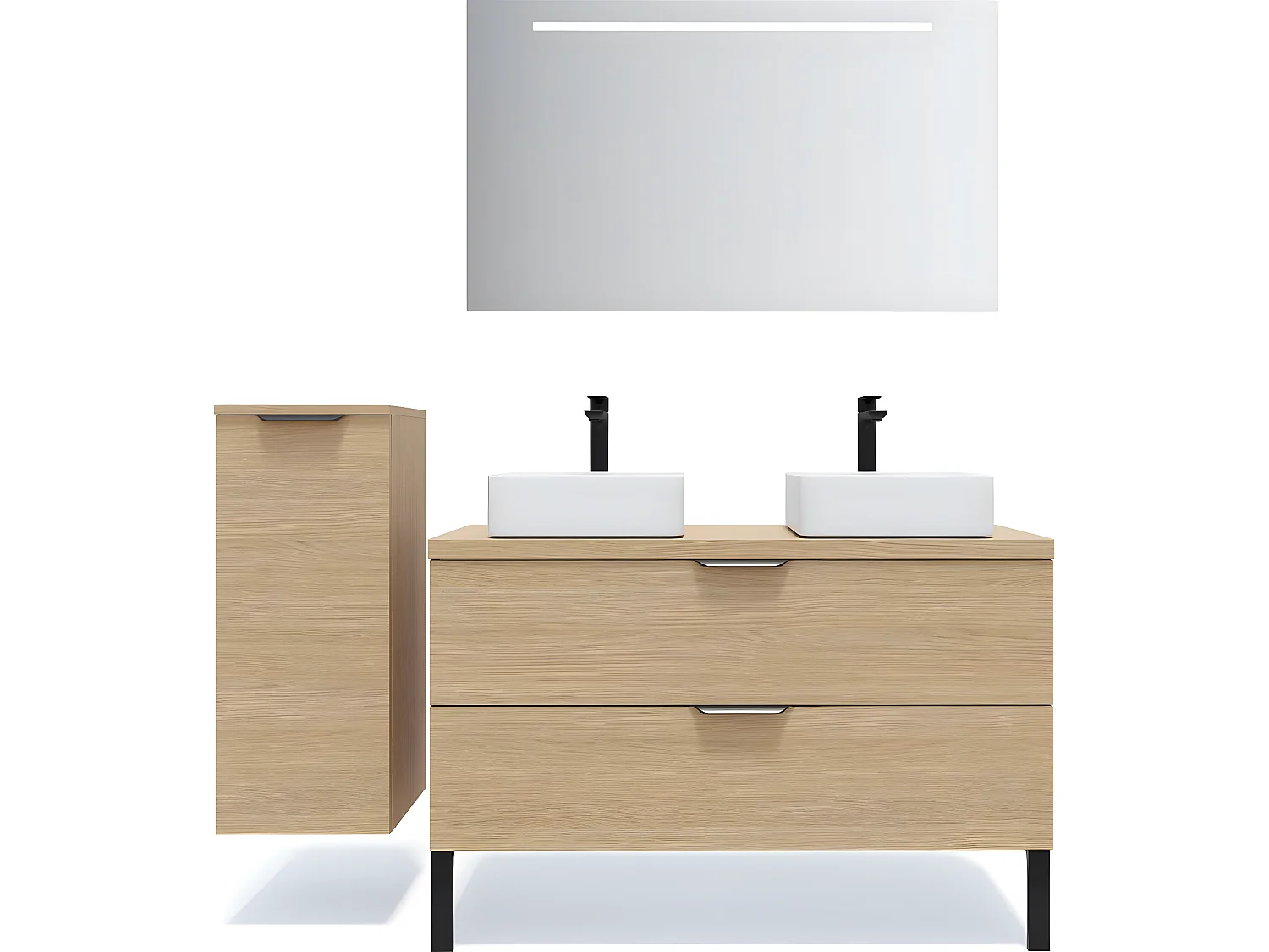 Meuble de salle de bain suspendu 2 vasques à poser 120cm 2 tiroirs Chêne clair + miroir + colonne ouverture gauche - Venice