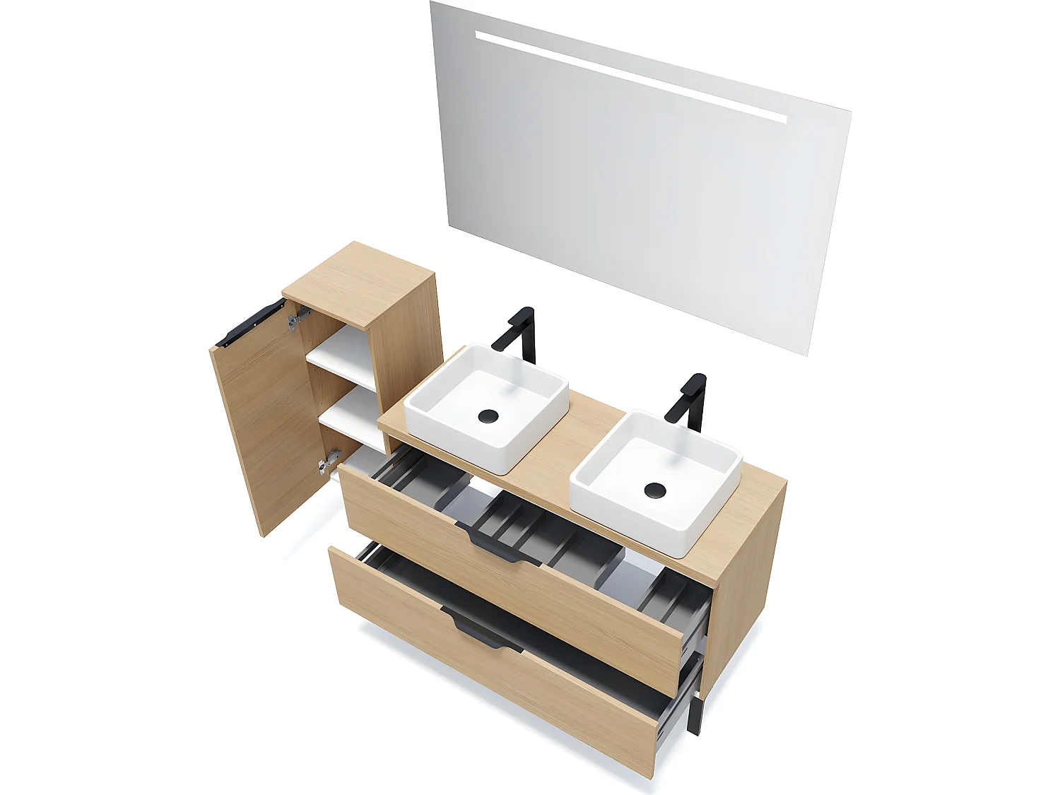 Meuble de salle de bain suspendu 2 vasques à poser 120cm 2 tiroirs Chêne clair + miroir + colonne ouverture gauche - Venice
