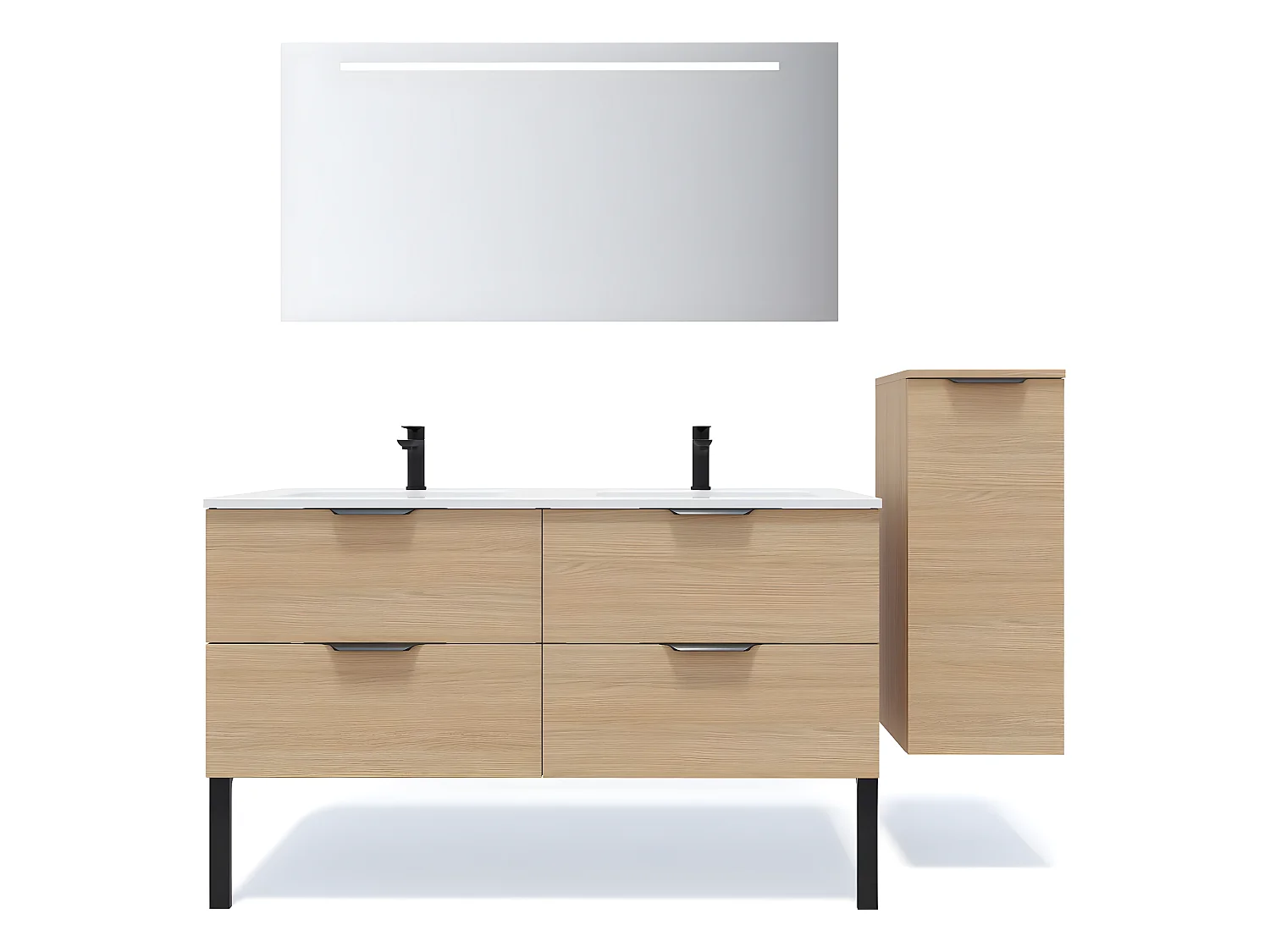 Meuble de salle de bain suspendu double vasque intégrée 140cm 4 tiroirs Chêne clair + miroir + colonne ouverture droite - Soho