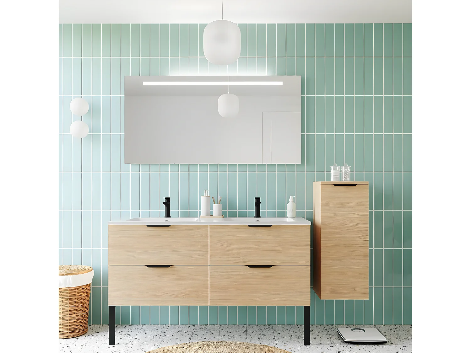 Meuble de salle de bain suspendu double vasque intégrée 140cm 4 tiroirs Chêne clair + miroir + colonne ouverture droite - Soho