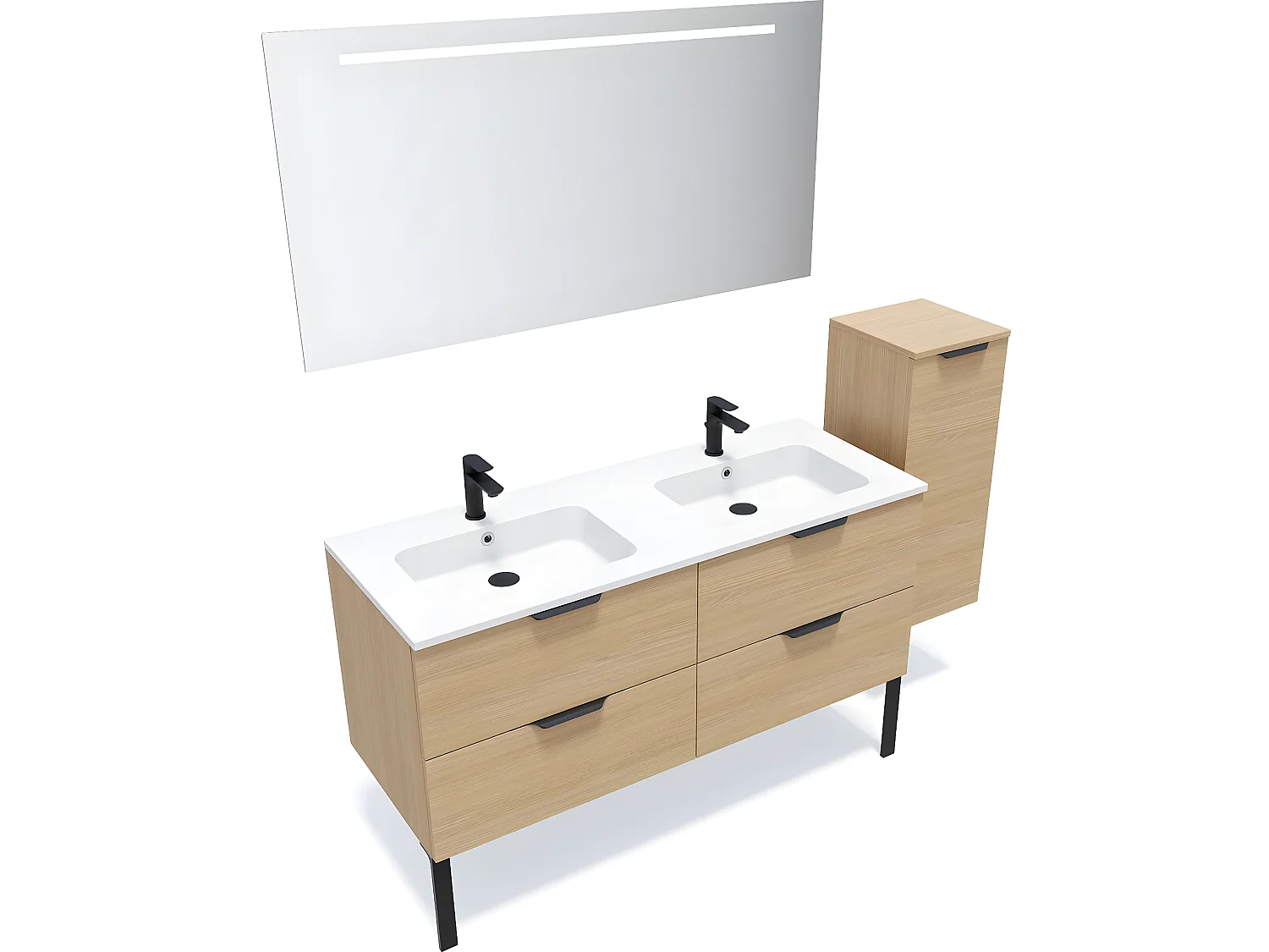 Meuble de salle de bain suspendu double vasque intégrée 140cm 4 tiroirs Chêne clair + miroir + colonne ouverture droite - Soho