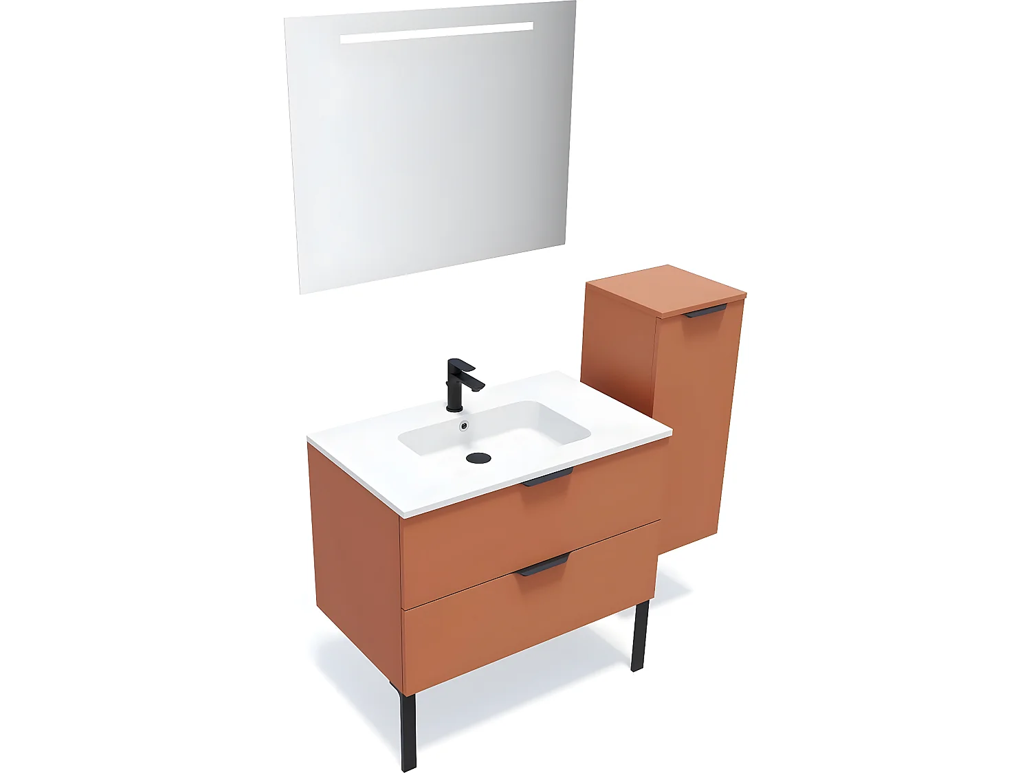 Meuble de salle de bain suspendu vasque intégrée 90cm 2 tiroirs Terracotta + miroir + colonne ouverture droite - Soho