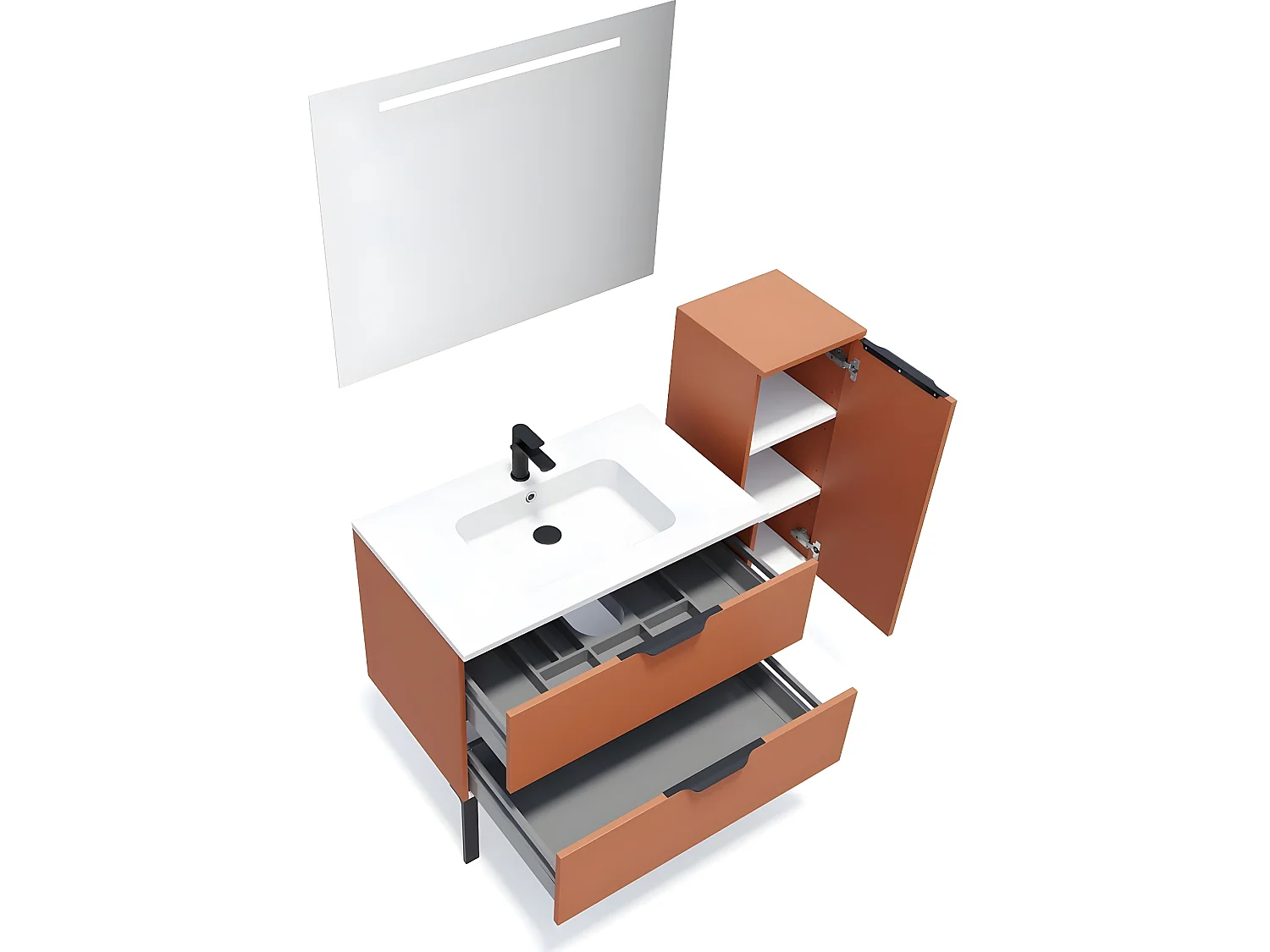 Meuble de salle de bain suspendu vasque intégrée 90cm 2 tiroirs Terracotta + miroir + colonne ouverture droite - Soho
