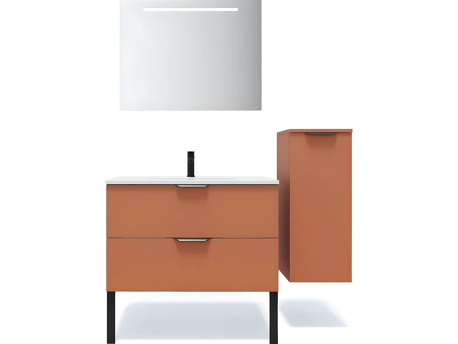 Meuble de salle de bain suspendu vasque intégrée 90cm 2 tiroirs Terracotta + miroir + colonne ouverture droite - Soho