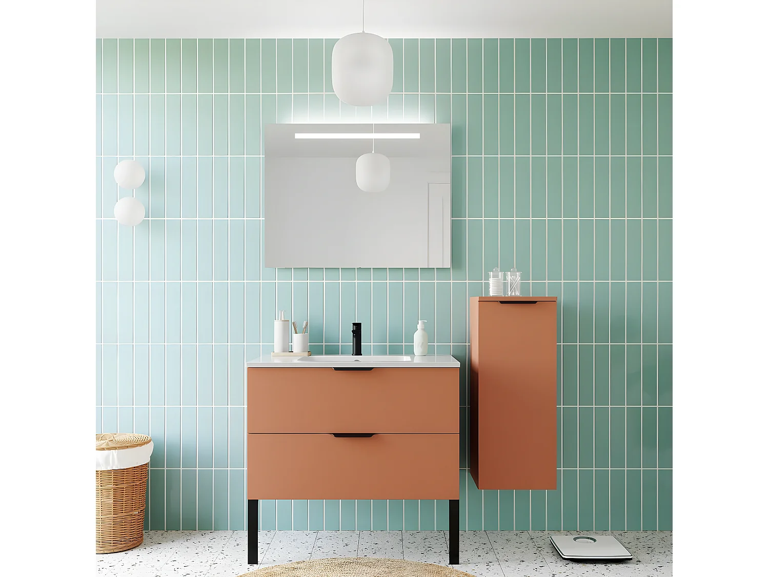 Meuble de salle de bain suspendu vasque intégrée 90cm 2 tiroirs Terracotta + miroir + colonne ouverture droite - Soho