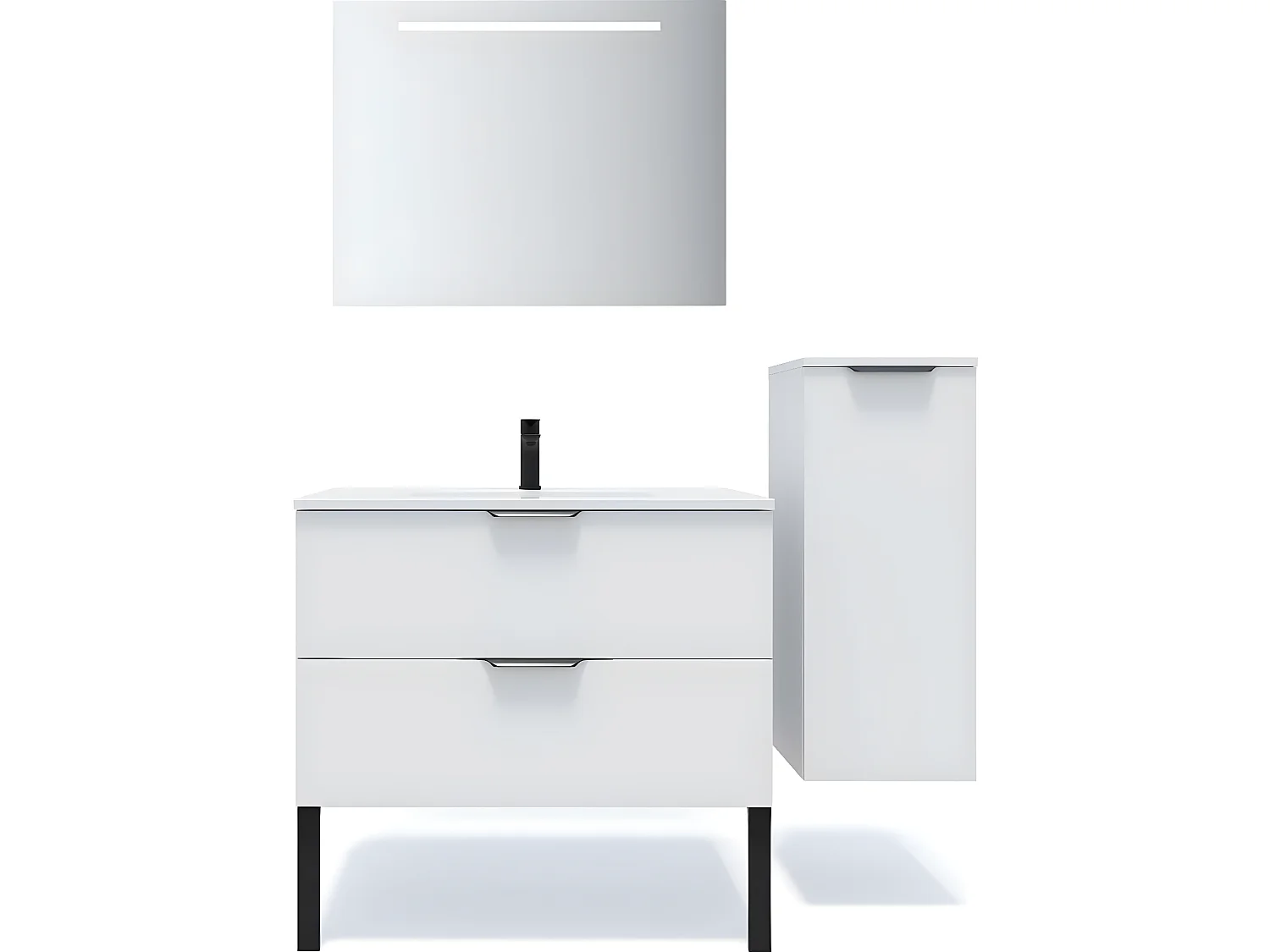 Meuble de salle de bain suspendu vasque intégrée 90cm 2 tiroirs Blanc + miroir + colonne ouverture droite - Soho